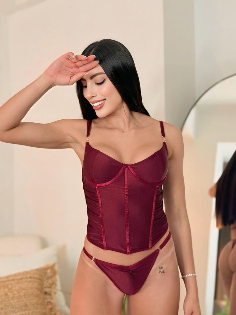 Conjunto Corset Vinotinto con Panty