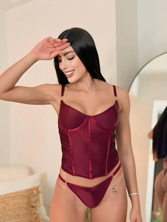 Conjunto Corset Vinotinto con Panty